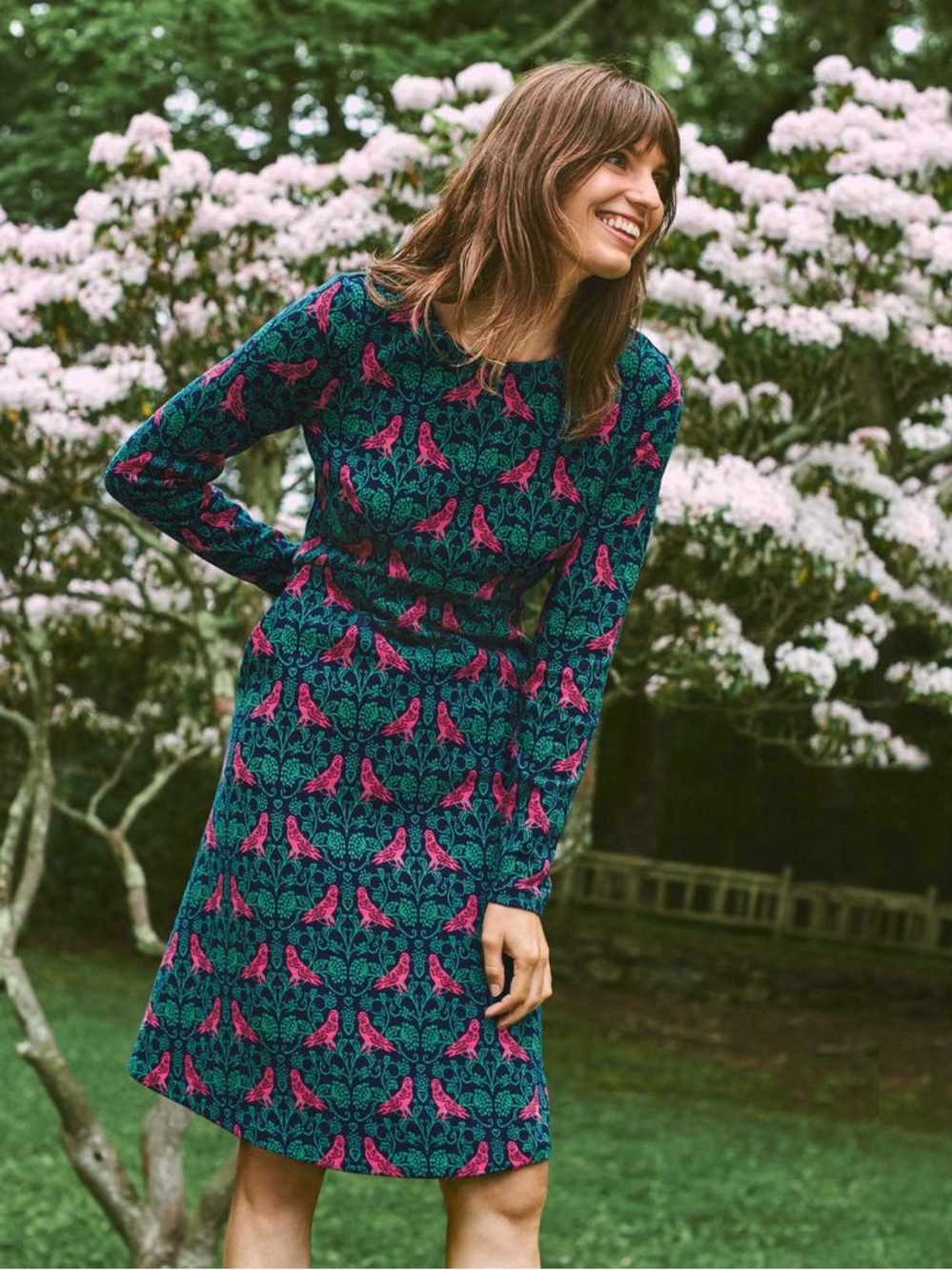 Boden Annie Jacquard Teal Dress with Pink Bird Print - Long Sleeve